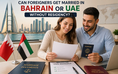 couple reviewing passports and legal documents planning how foreigners can get married in Bahrain or UAE without residency