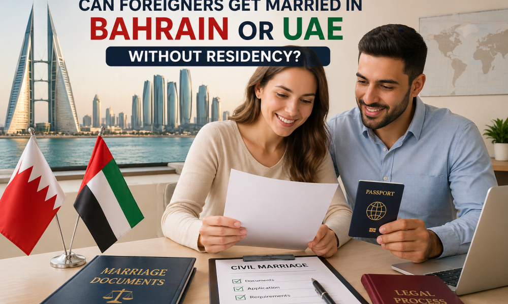 couple reviewing passports and legal documents planning how foreigners can get married in Bahrain or UAE without residency
